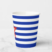 Moderne driekleurige ster op blauw/wit gestreept papieren bekers (Links)