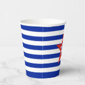 Moderne driekleurige ster op blauw/wit gestreept papieren bekers (Rechts)