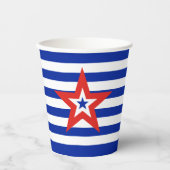 Moderne driekleurige ster op blauw/wit gestreept papieren bekers (Voorkant)