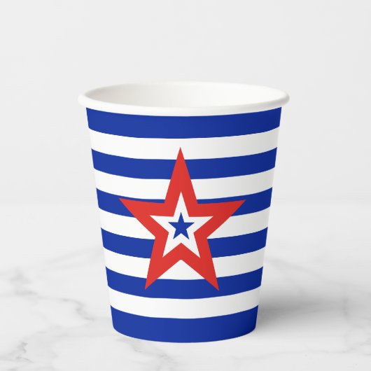 Moderne driekleurige ster op blauw/wit gestreept papieren bekers (Voorkant)