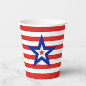 Moderne driekleurige ster op rood/wit gestreept papieren bekers (Voorkant)