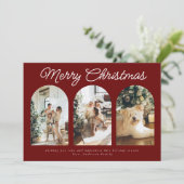 Moderne driepuntscurve met kerstscript rood feestdagenkaart (Staand voorkant)