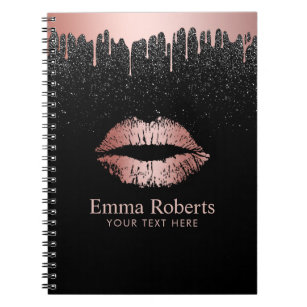 Moderne driftige Roos Gold Lips Black Glitter Notitieboek