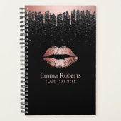 Moderne driftige Roos Gold Lips Black Glitter Planner (Voorkant)