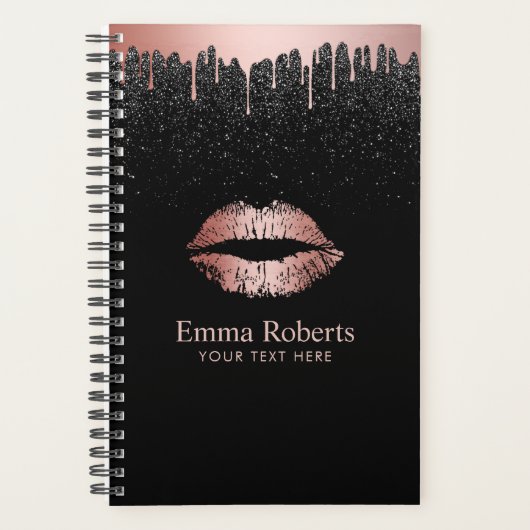 Moderne driftige Roos Gold Lips Black Glitter Planner (Voorkant)