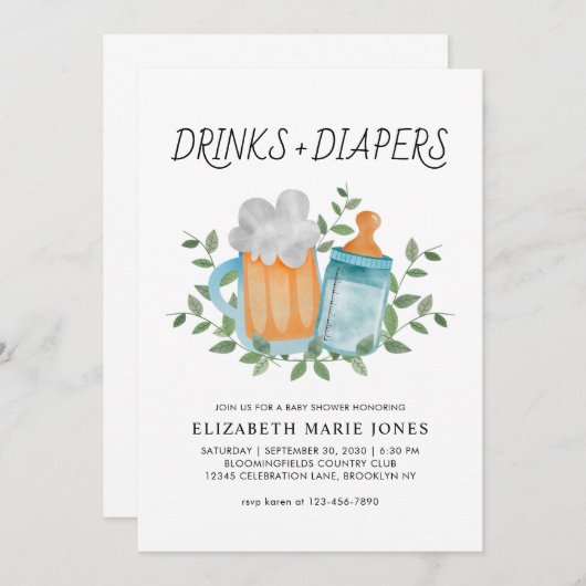 Moderne Drinken en luiers bier Baby shower Kaart (Voorkant / Achterkant)