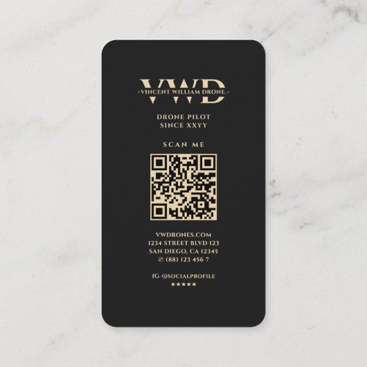 Moderne drone operator zwart goud monogram visitekaartje (Achterkant)