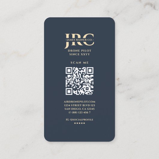 Moderne Drone Pilot Donkerblauw Goud Monogram Visitekaartje (Achterkant)