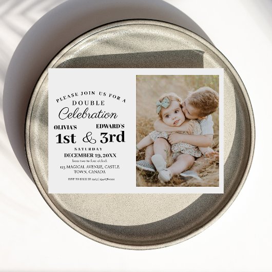 Moderne Dubbele Viering Verjaardag Foto 1e & 3e Kaart