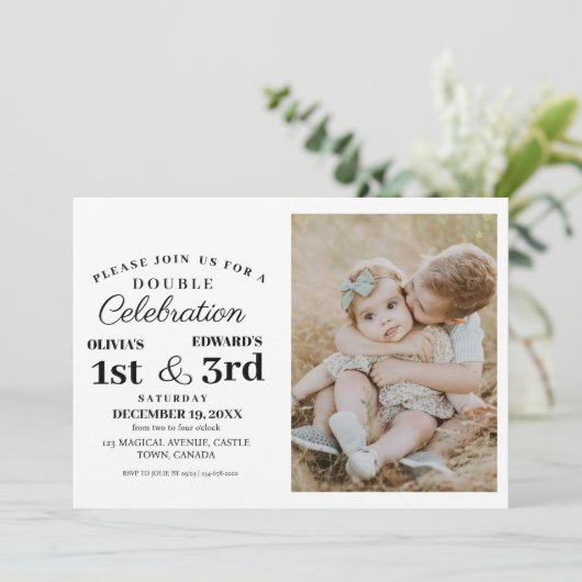 Moderne Dubbele Viering Verjaardag Foto 1e & 3e Kaart (Staand voorkant)