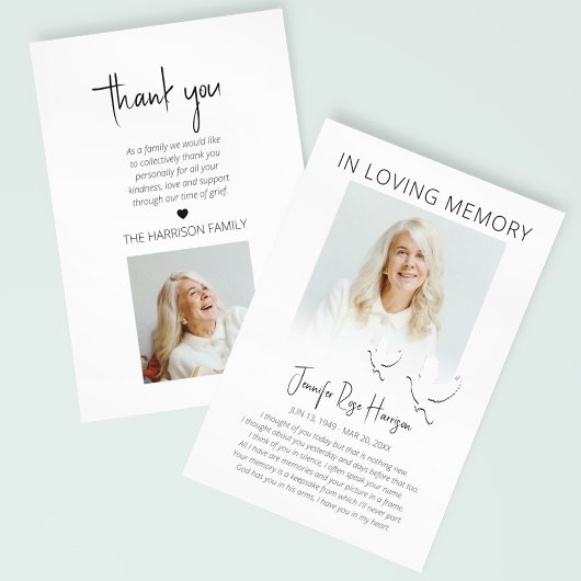 Moderne, dubbelzijdige fotobegrafenis bedankkaart