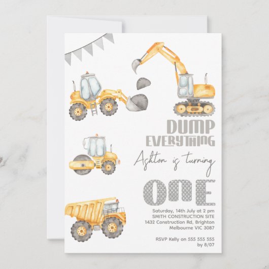 Moderne Dump Alles Bouw 1e Verjaardag Kaart (Voorkant)
