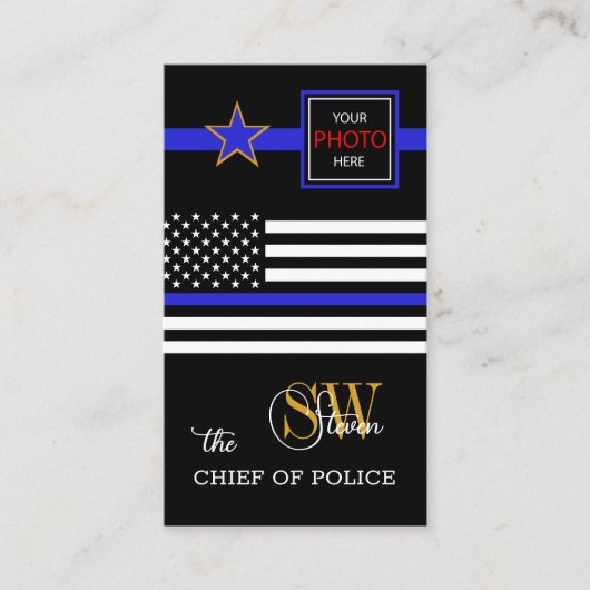 Moderne dunne blauwe lijn- en QR-code, foto/monogr Visitekaartje (Voorkant)