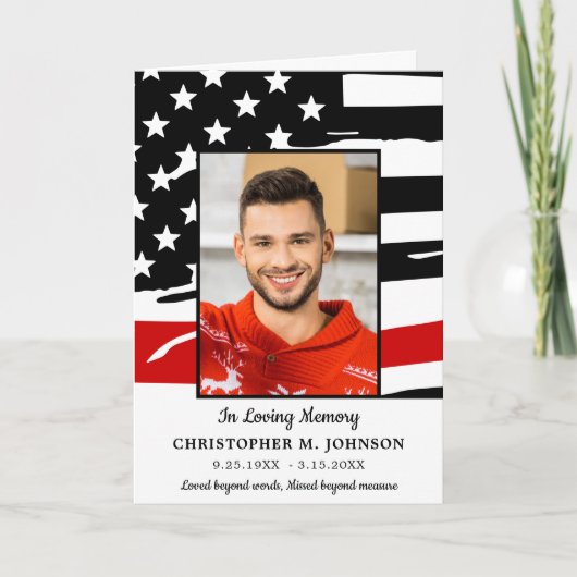 Moderne dunne rode lijn brandweerman Memorial begr Bedankkaart (Voorkant)