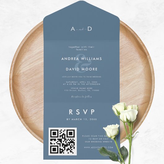 Moderne Dusky Blue Ampersand & QR Code RSVP Bruilo All In One Uitnodiging