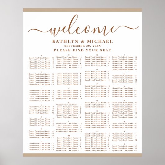 Moderne dusty beige bruiloft, alfabetische zitplaa poster (Voorkant)
