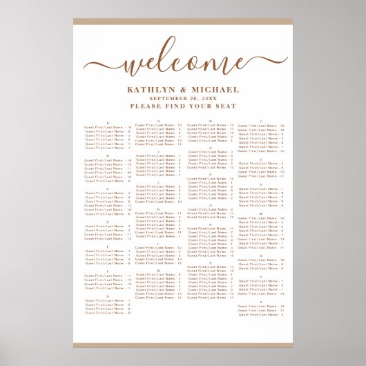 Moderne dusty beige bruiloft, alfabetische zitplaa poster (Voorkant)
