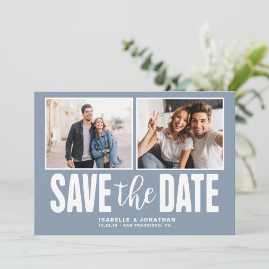 Moderne Dusty Blue 2 foto Bewaar de datum Save The Date (Staand voorkant)