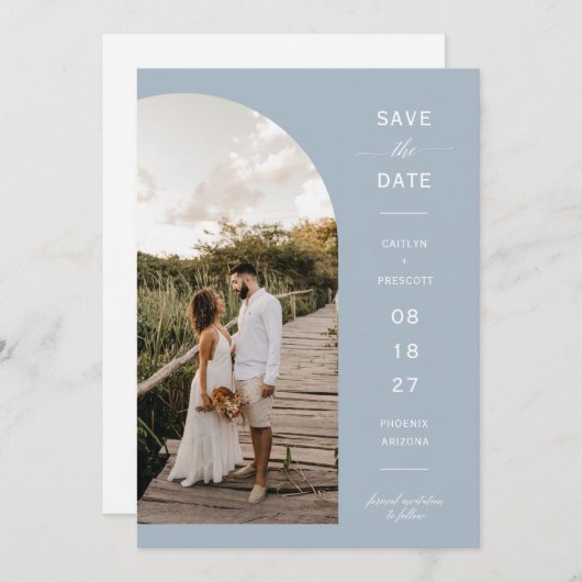 Moderne Dusty Blue Arch Photo QR Code Save the Dat Kaart (Voorkant / Achterkant)