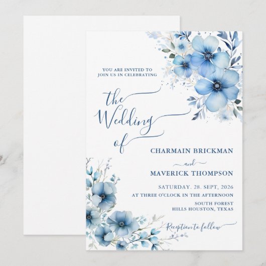 Moderne Dusty Blue bloemenbruiloft Kaart (Voorkant / Achterkant)