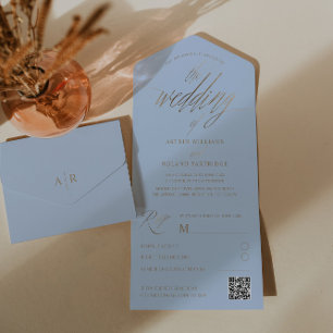 Moderne Dusty Blue & Faux Gold Kalligrafie All In One Uitnodiging