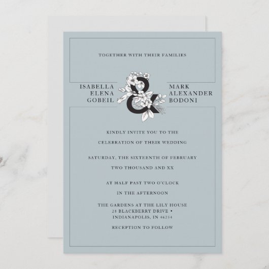 Moderne Dusty Blue Floral Ampersand Wedding Kaart (Voorkant / Achterkant)