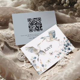 Moderne Dusty Blue Herons QR Code Wedding RSVP Kaartje