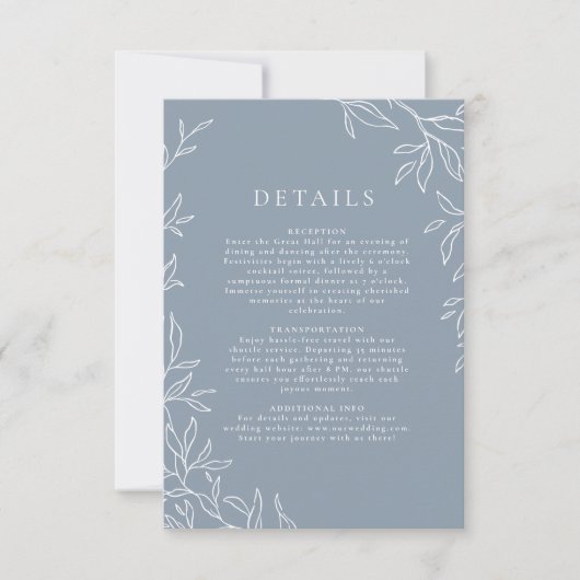 Moderne Dusty Blue Minimal Leafy Wedding Details Kaart (Voorkant)