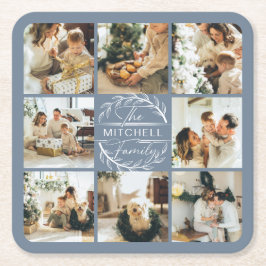 Moderne Dusty Blue Monogram Familienaam & Foto Kartonnen Onderzetters