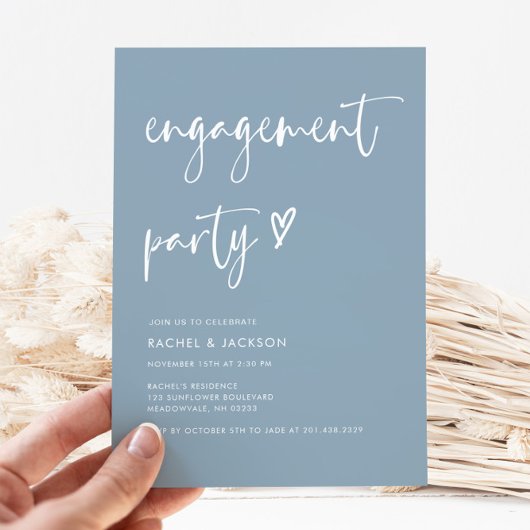 Moderne Dusty Blue Script Minimal Engagement Party Kaart