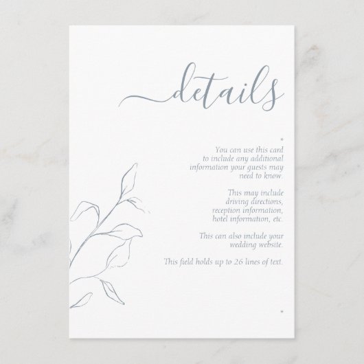 Moderne Dusty Blue Script Wedding Details Enclosur Informatiekaartje (Voorkant)