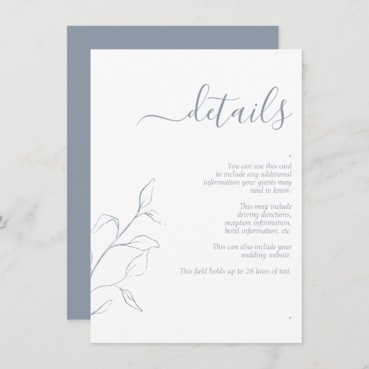Moderne Dusty Blue Script Wedding Details Enclosur Informatiekaartje (Voorkant / Achterkant)