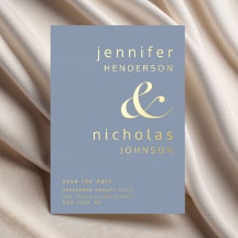 Moderne Dusty Blue Wedding Save The Date Gold