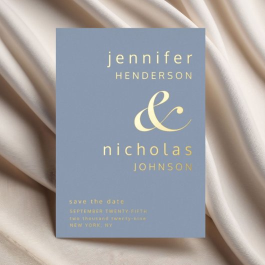 Moderne Dusty Blue Wedding Save The Date Gold Folie Uitnodiging