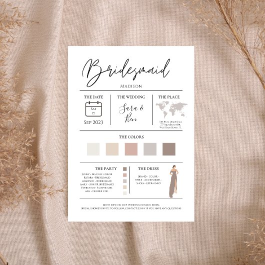Moderne Editable Color Bridesmaid Details Info Kaa Kaart