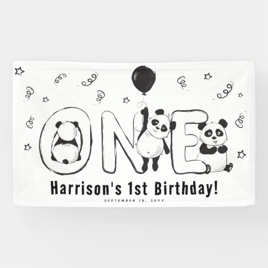 Moderne EEN Panda 1e Verjaardagsfeestje Spandoek (Horizontaal)