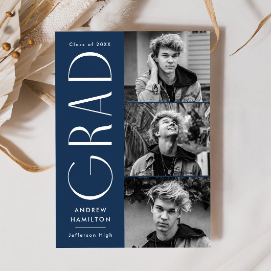 Moderne Eenvoud Navy 3 Foto Collage Afstuderen Aankondiging