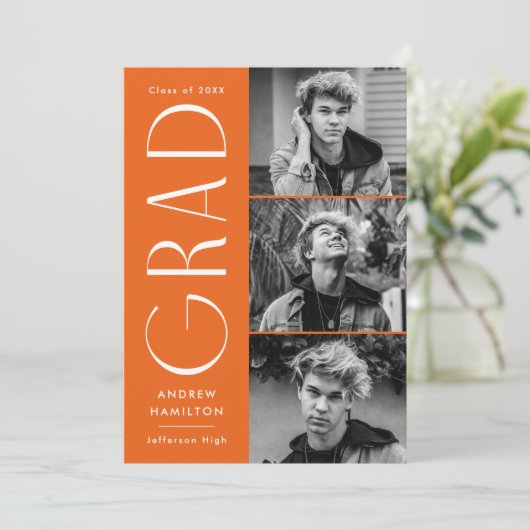 Moderne eenvoud Sinaasappel 3 Foto Afstuderen Aankondiging (Staand voorkant)