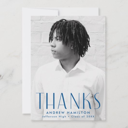 Moderne Eenvoudig blauw foto-Afstuderen Bedankkaart (Voorkant)