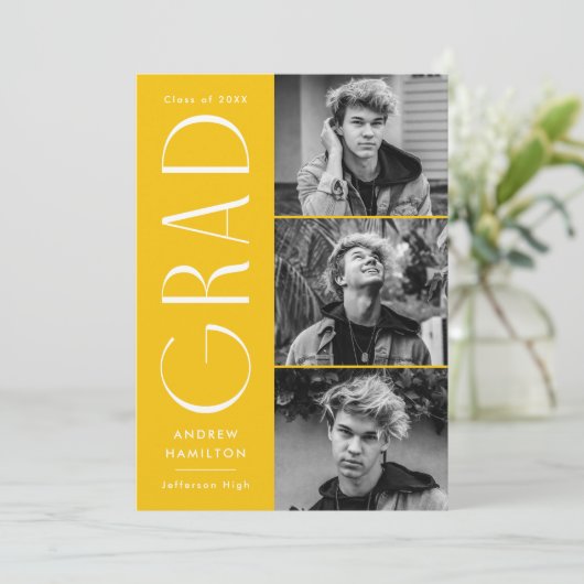 Moderne Eenvoudig Geel 3 Foto Afstuderen Aankondiging (Staand voorkant)