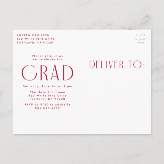 Moderne Eenvoudig Rode Foto GraduPartij 3 Uitnodiging Briefkaart (Achterkant)