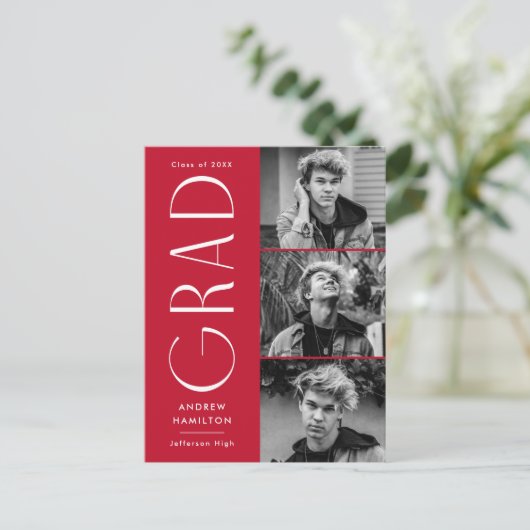 Moderne Eenvoudig Rode Foto GraduPartij 3 Uitnodiging Briefkaart (Staand voorkant)