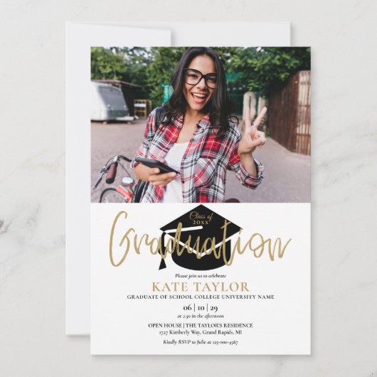 Moderne Eenvoudige 2 Foto Gouden Script Afstudeerf Kaart (Voorkant)