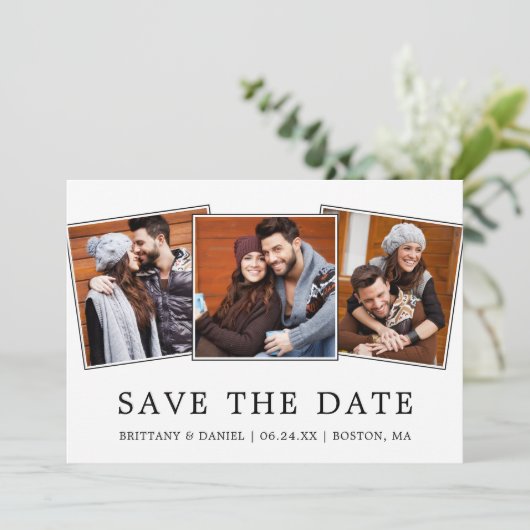 Moderne, eenvoudige 3 foto bespaart de datum save the date (Staand voorkant)