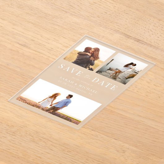 Moderne Eenvoudige 3 Foto Collage Trouwen Acryl Uitnodigingen (Laagn)