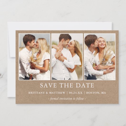 Moderne, eenvoudige 3-fotokraft save the date (Voorkant)