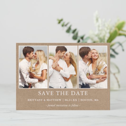 Moderne, eenvoudige 3-fotokraft save the date (Staand voorkant)