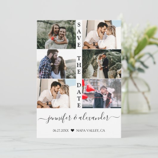 Moderne Eenvoudige 6 Foto Collage Typografie Trouw Save The Date (Staand voorkant)