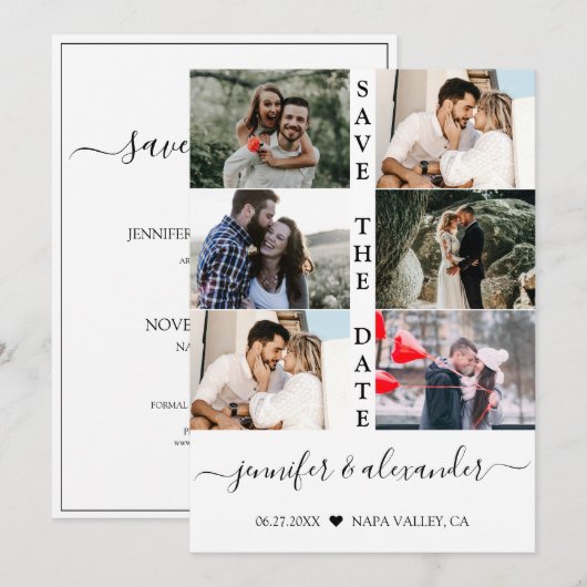 Moderne Eenvoudige 6 Foto Collage Typografie Trouw Save The Date (Voorkant / Achterkant)