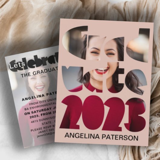 Moderne Eenvoudige Afstuderen Foto Roze Goud Uitnodiging Briefkaart